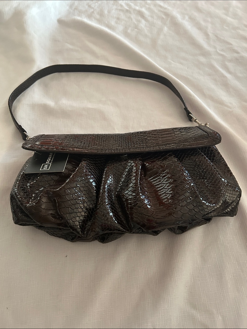 Sondra Roberts Dark Brown Glossy Snake-Embossed Shoulder Bag